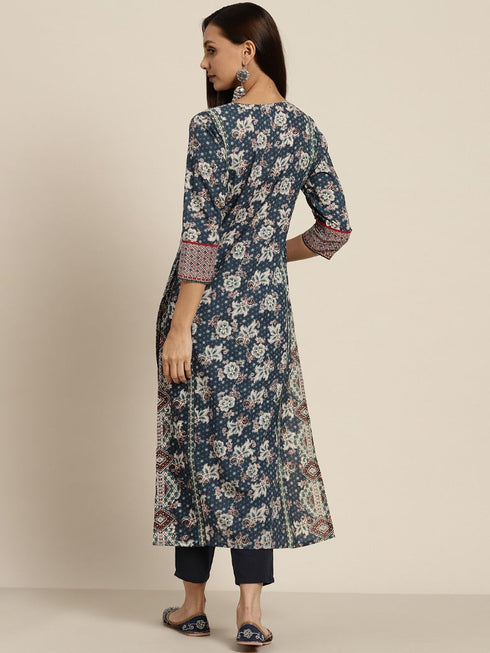 Women Navy Blue Pure Cotton Floral Print Straight Kurta